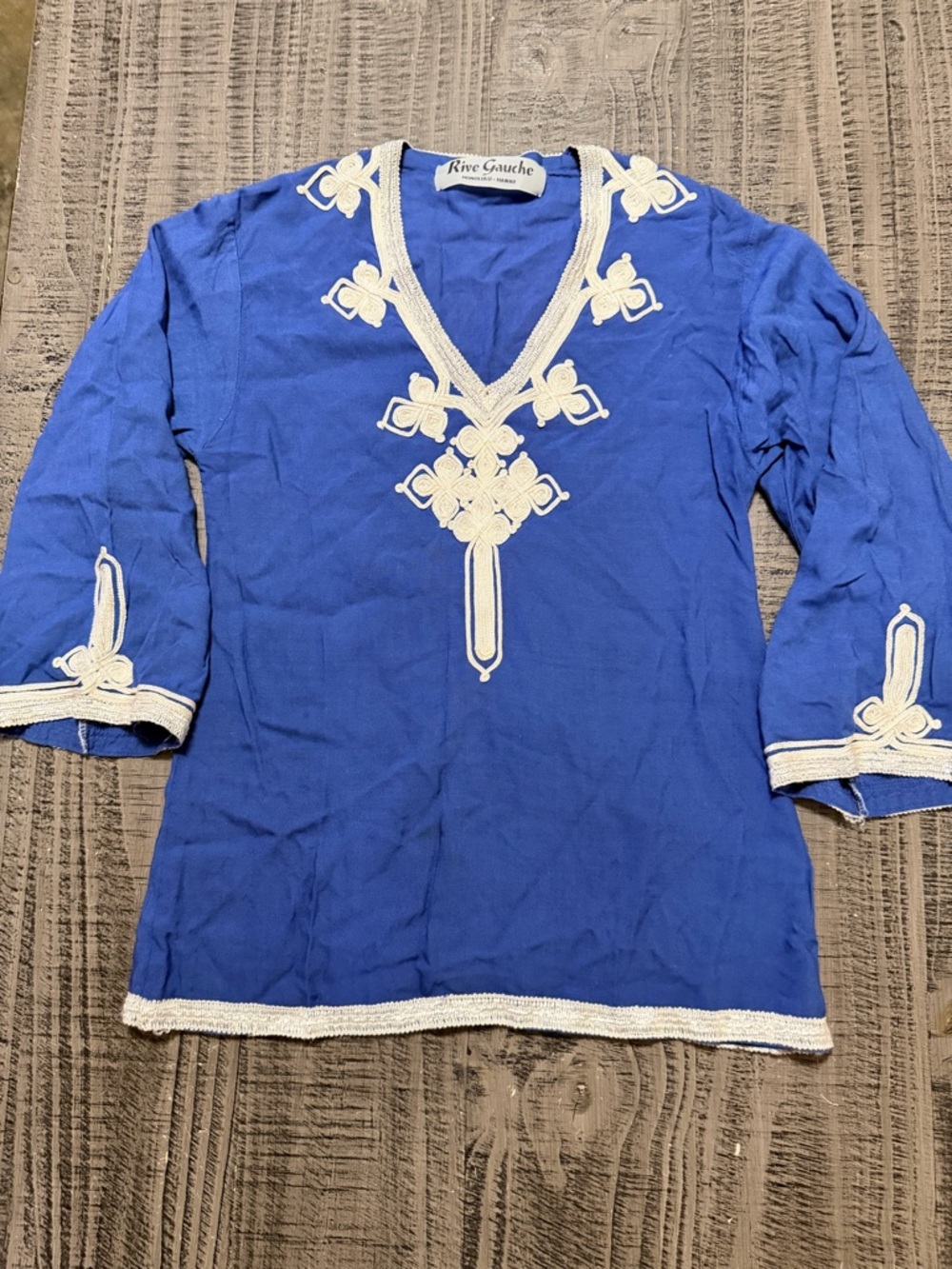 Vtg. Royal Blue V-Neck Embroidered Tunic